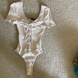 Juniors SO Beige Lace Up Ribbed Bodysuit Size Medium M